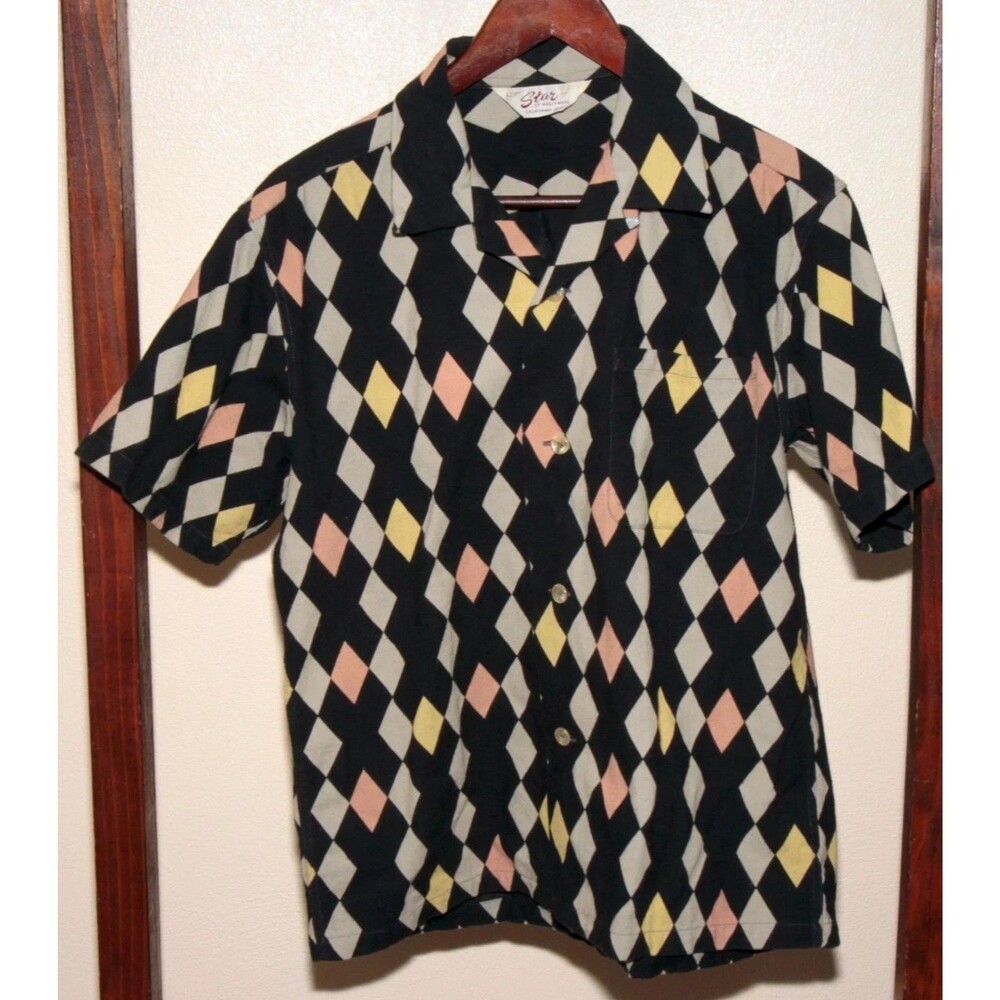 Star of Hollywood Hawaiian loop camp Aloha Shirt Argyle Diamond Mens M 50s style